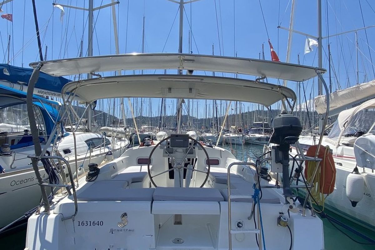Exterior view of Aquamarine, a Beneteau Oceanis 34 sailboat at Fethiye, Turkey