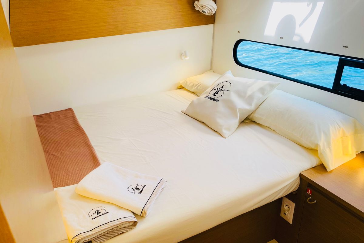 Cabin on One Ibiza Crewed, a Excess 11 catamaran at Ibiza, Spain