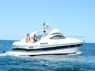 Exterior view of Just Pershing, a Pershing 37 motorboat at Lagos, Portugal