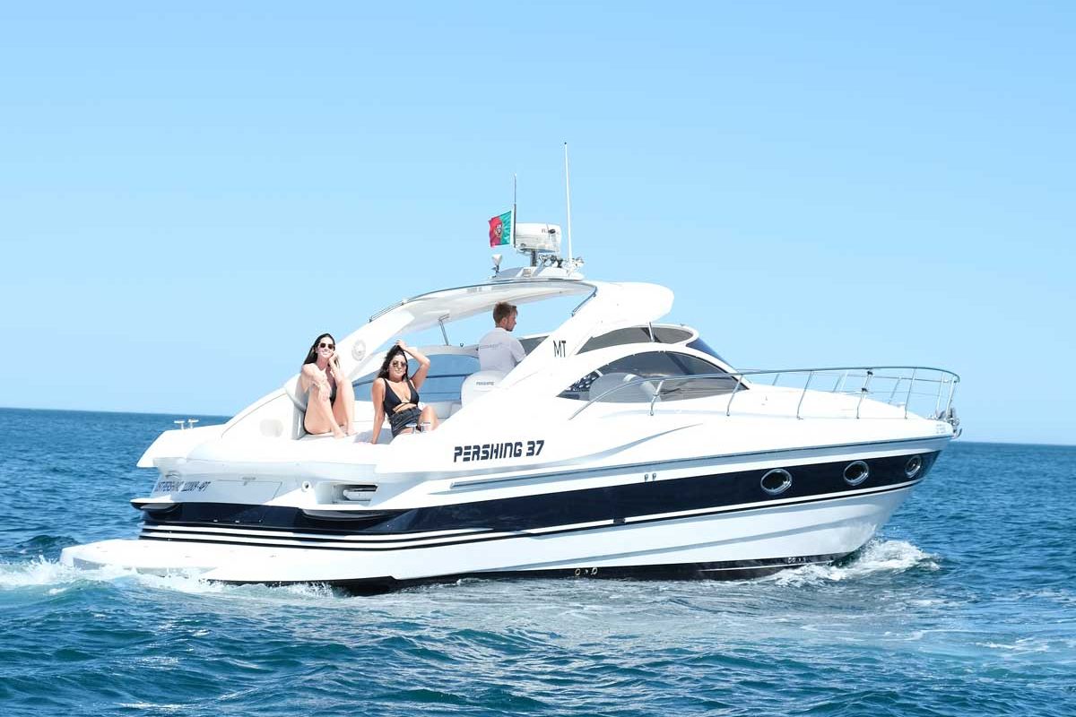 Exterior view of Just Pershing, a Pershing 37 motorboat at Lagos, Portugal