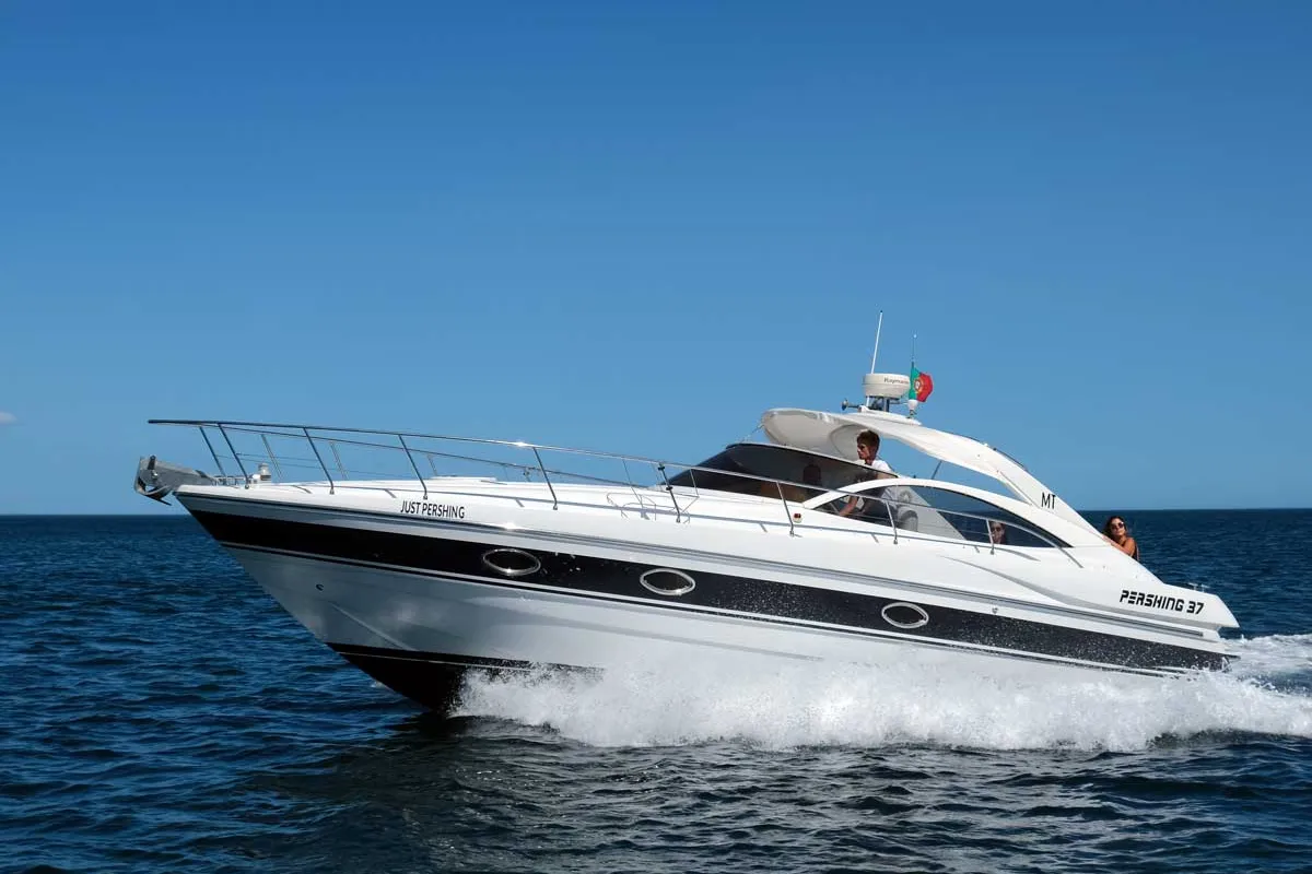 Exterior view of Just Pershing, a Pershing 37 motorboat at Lagos, Portugal