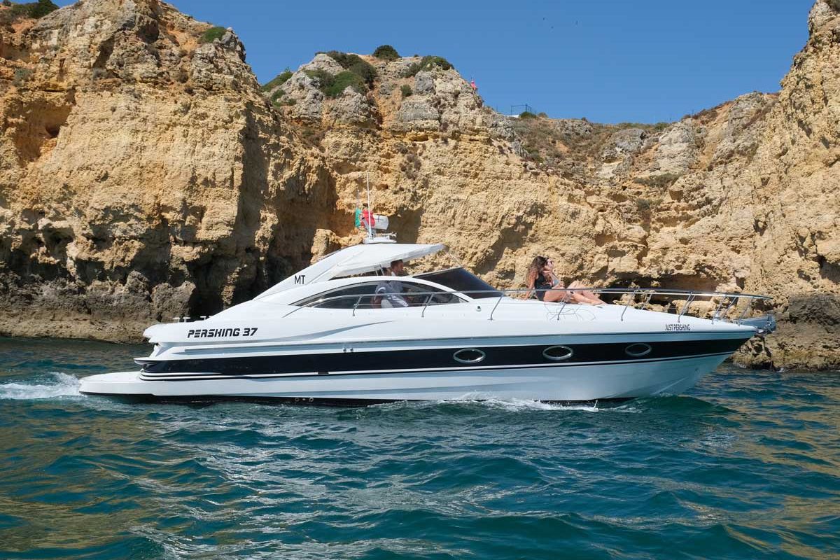 Exterior view of Just Pershing, a Pershing 37 motorboat at Lagos, Portugal