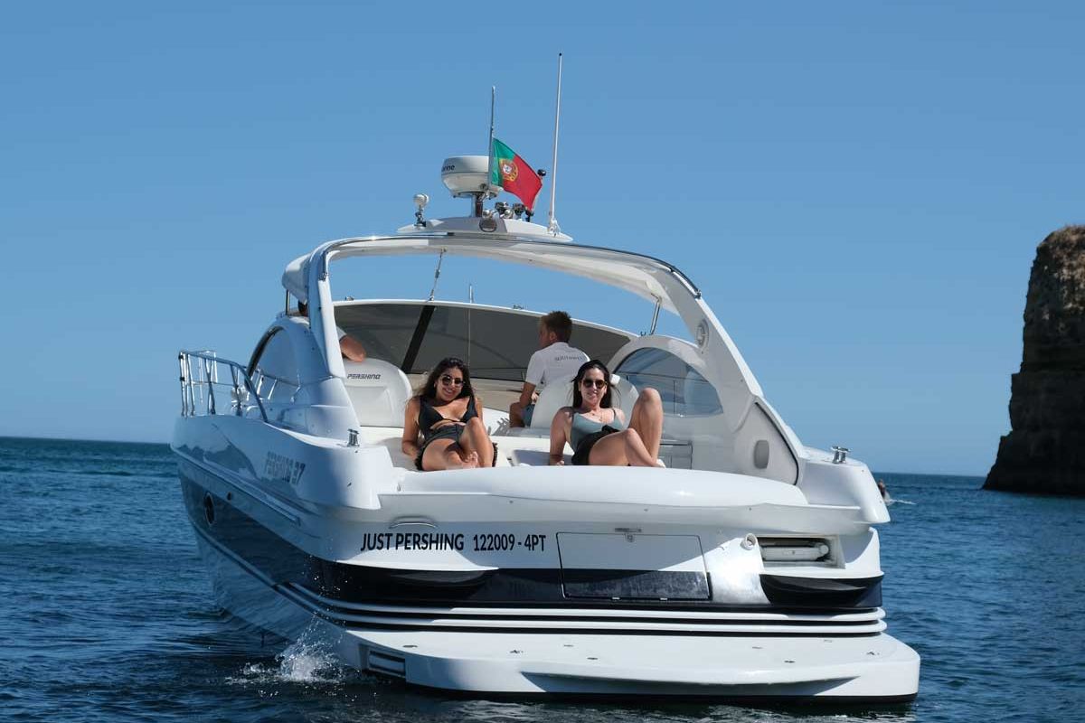 Exterior view of Just Pershing, a Pershing 37 motorboat at Lagos, Portugal