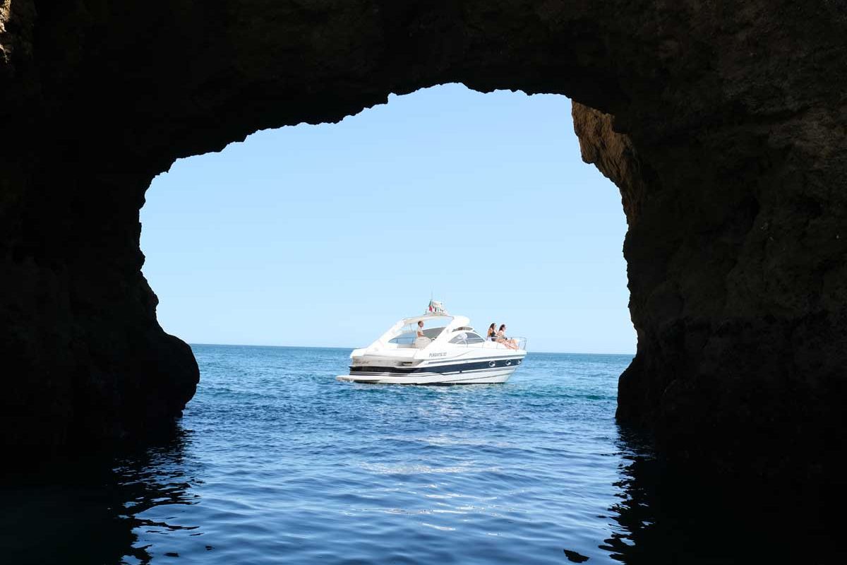 Exterior view of Just Pershing, a Pershing 37 motorboat at Lagos, Portugal