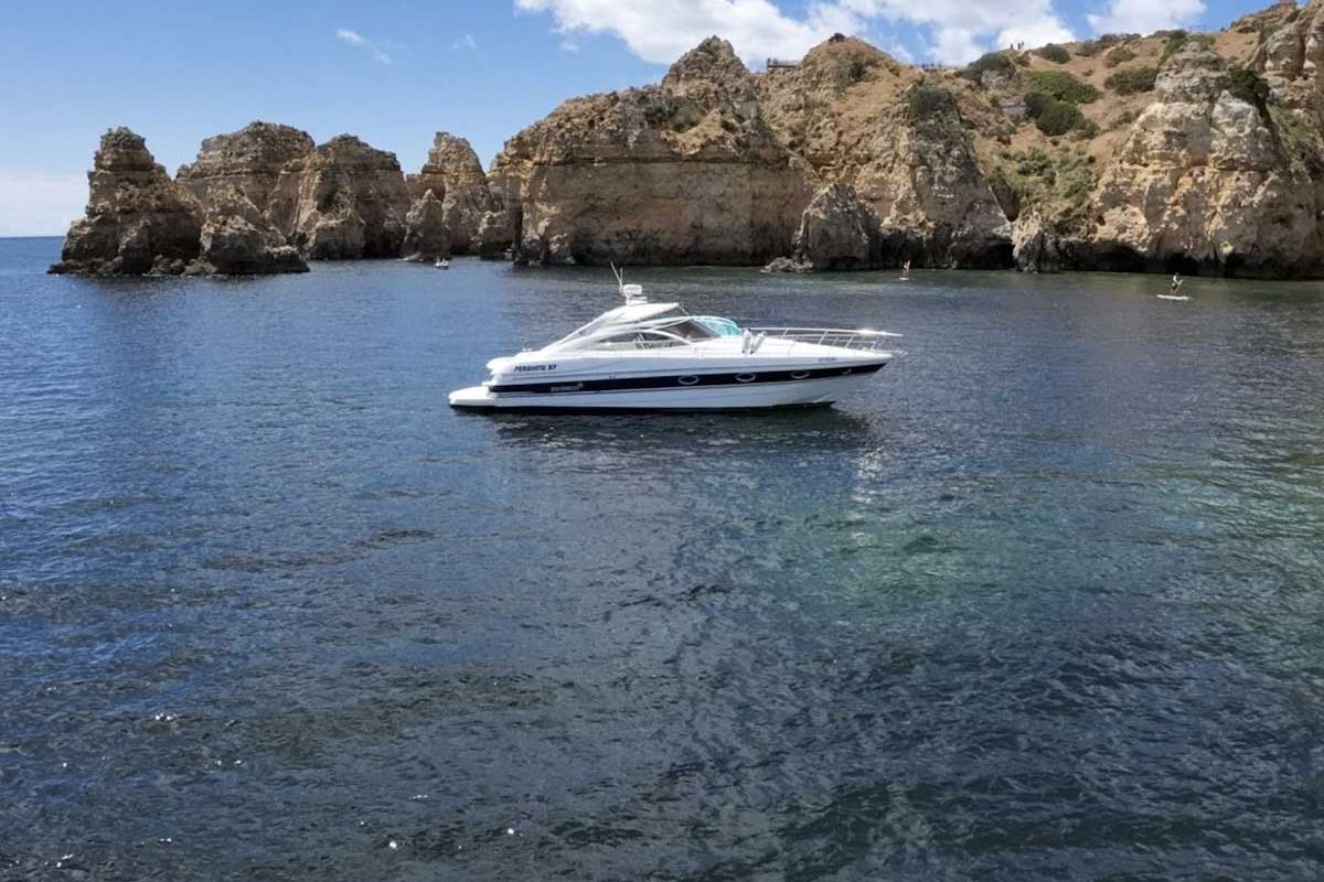 Exterior view of Just Pershing, a Pershing 37 motorboat at Lagos, Portugal