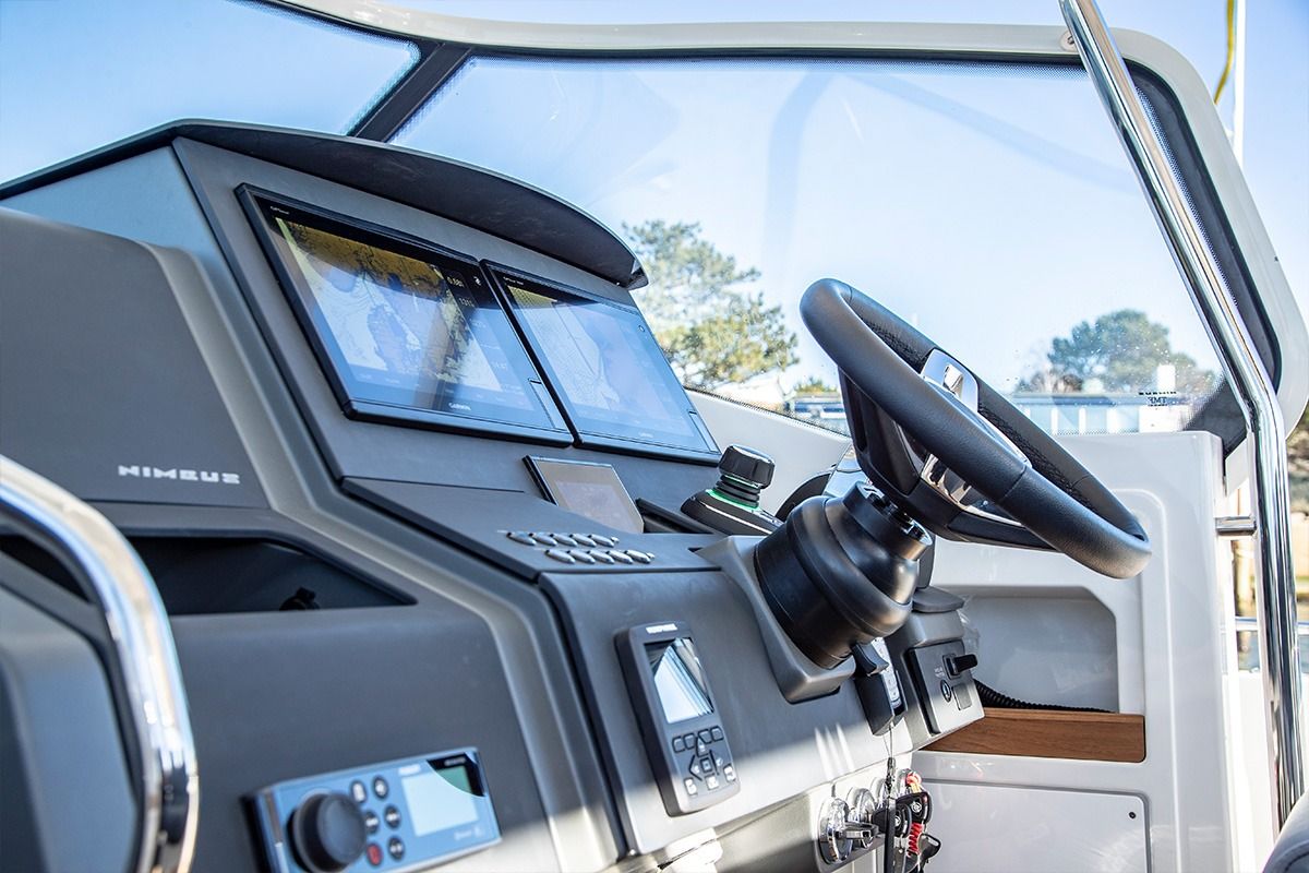 Cockpit of Ruddy, a Nimbus Tender T11 motorboat at Pirovac, Croatia