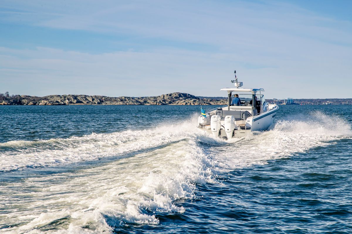 Exterior view of Ruddy, a Nimbus Tender T11 motorboat at Pirovac, Croatia