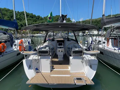 Cockpit of Infinity II, a Delta 41 sailboat at Paraty, Brazil