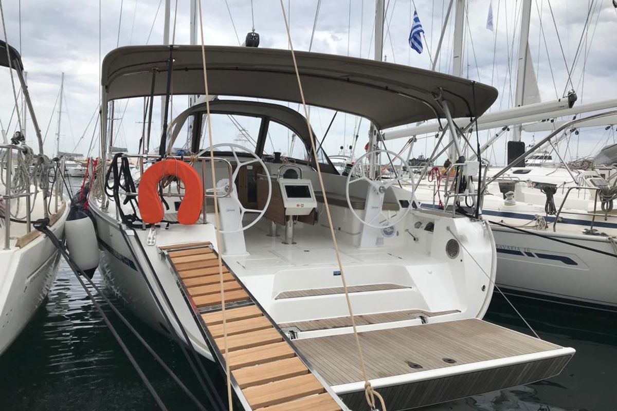 Cockpit of Sea Wonder, a Bavaria Cruiser 46 sailboat at Gouvia, Greece