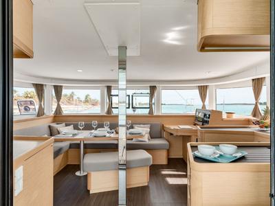 Salon of Zourite, a Lagoon 42 catamaran at Eden Island Marina, Seychelles