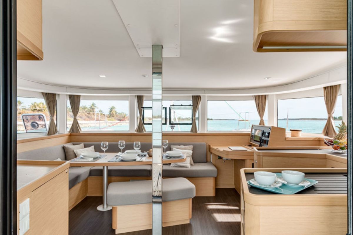 Salon of Zourite, a Lagoon 42 catamaran at Eden Island Marina, Seychelles