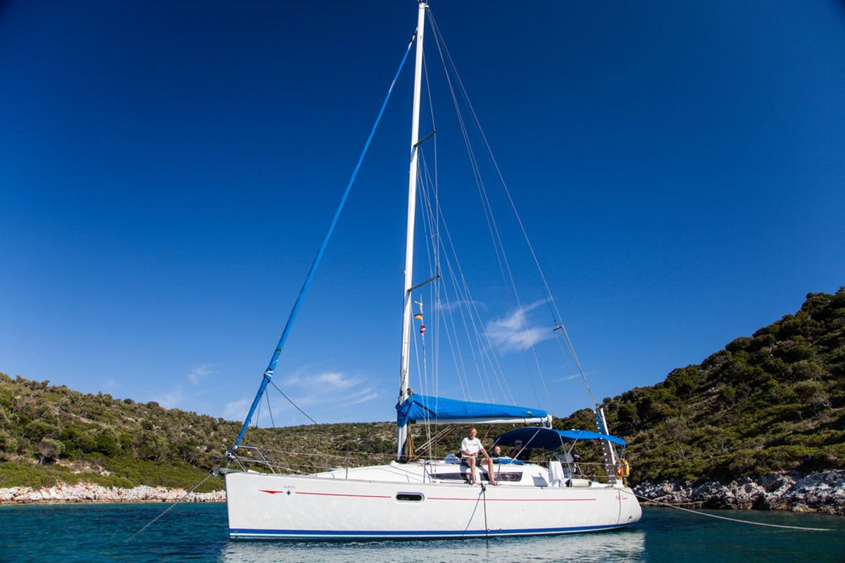 Exterior view of Izella, a Jeanneau Sun Odyssey 36i sailboat at Volos Municipality, Greece