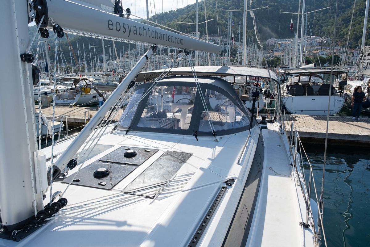 Deck of Iris, a Bavaria C46 sailboat at Fethiye, Turkey