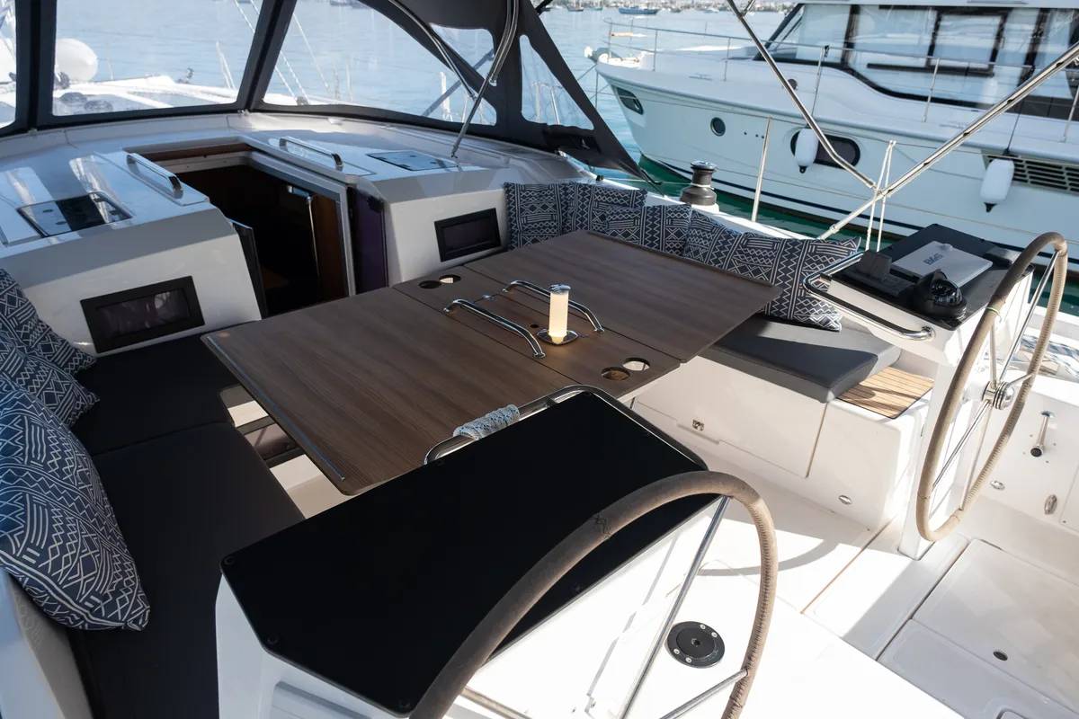 Cockpit of Iris, a Bavaria C46 sailboat at Fethiye, Turkey