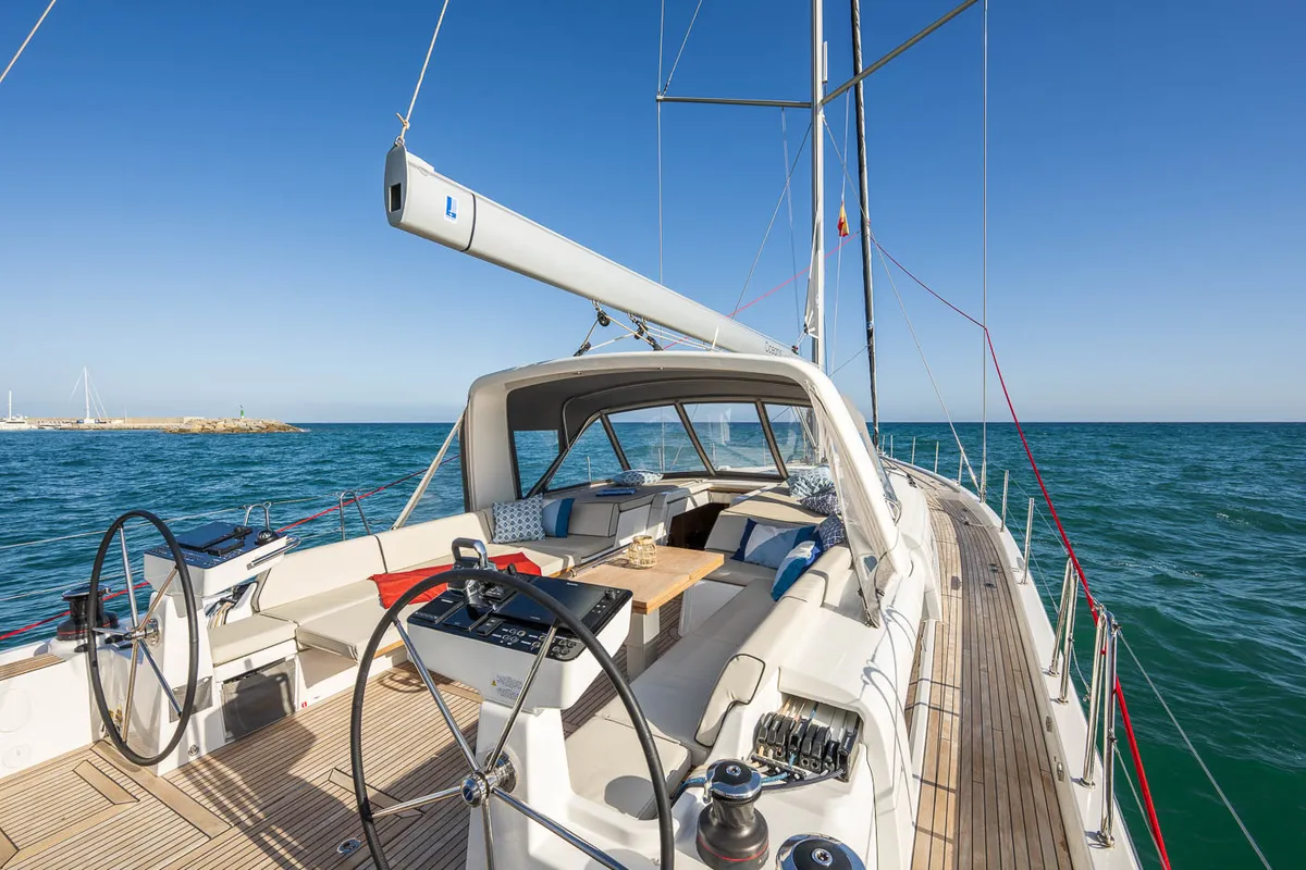 Cockpit of Infinity, a Beneteau Oceanis 60 sailboat at Grad Kaštela, Croatia