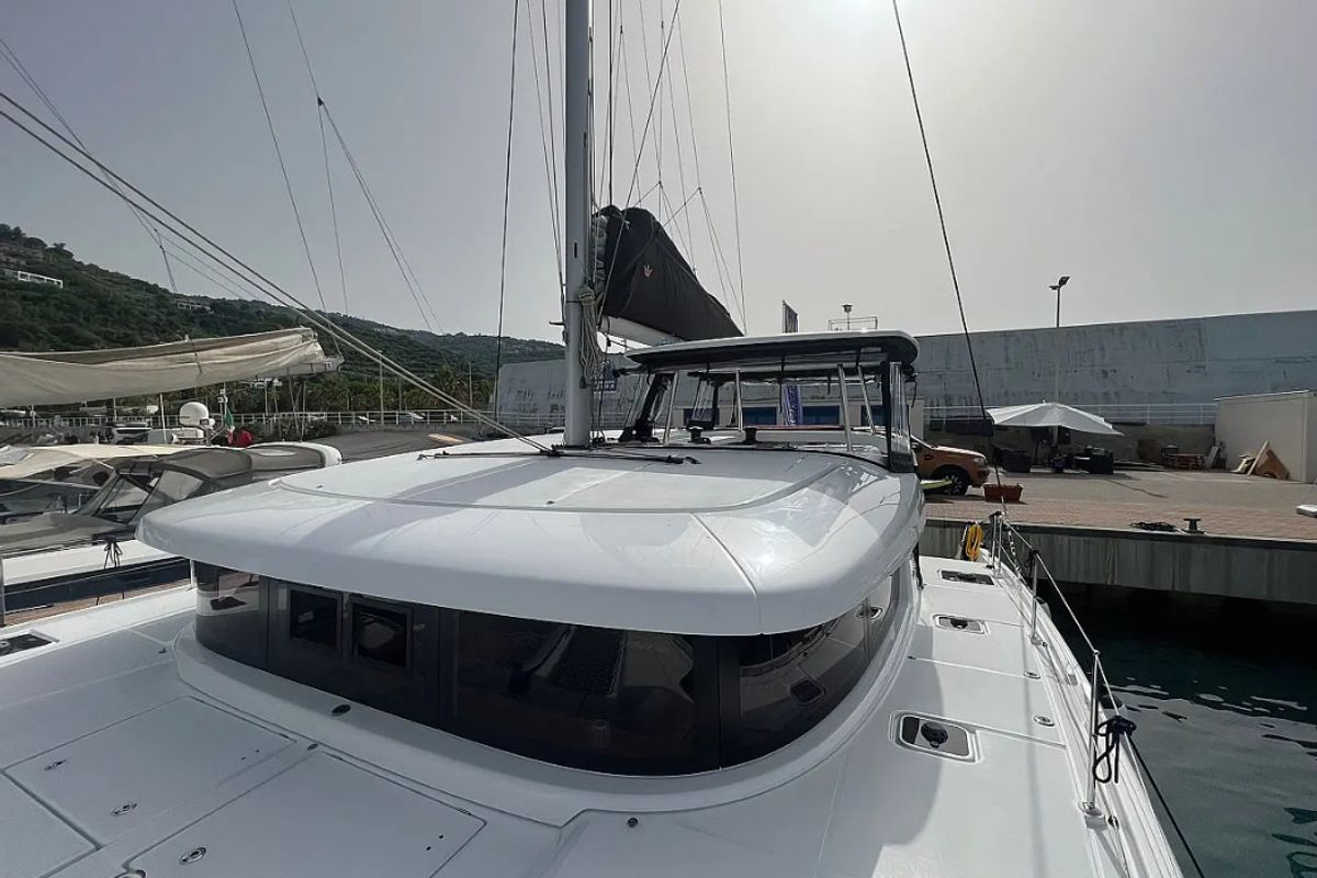 Exterior view of Capovento, a Lagoon 42 catamaran at Capo d'Orlando, Italy