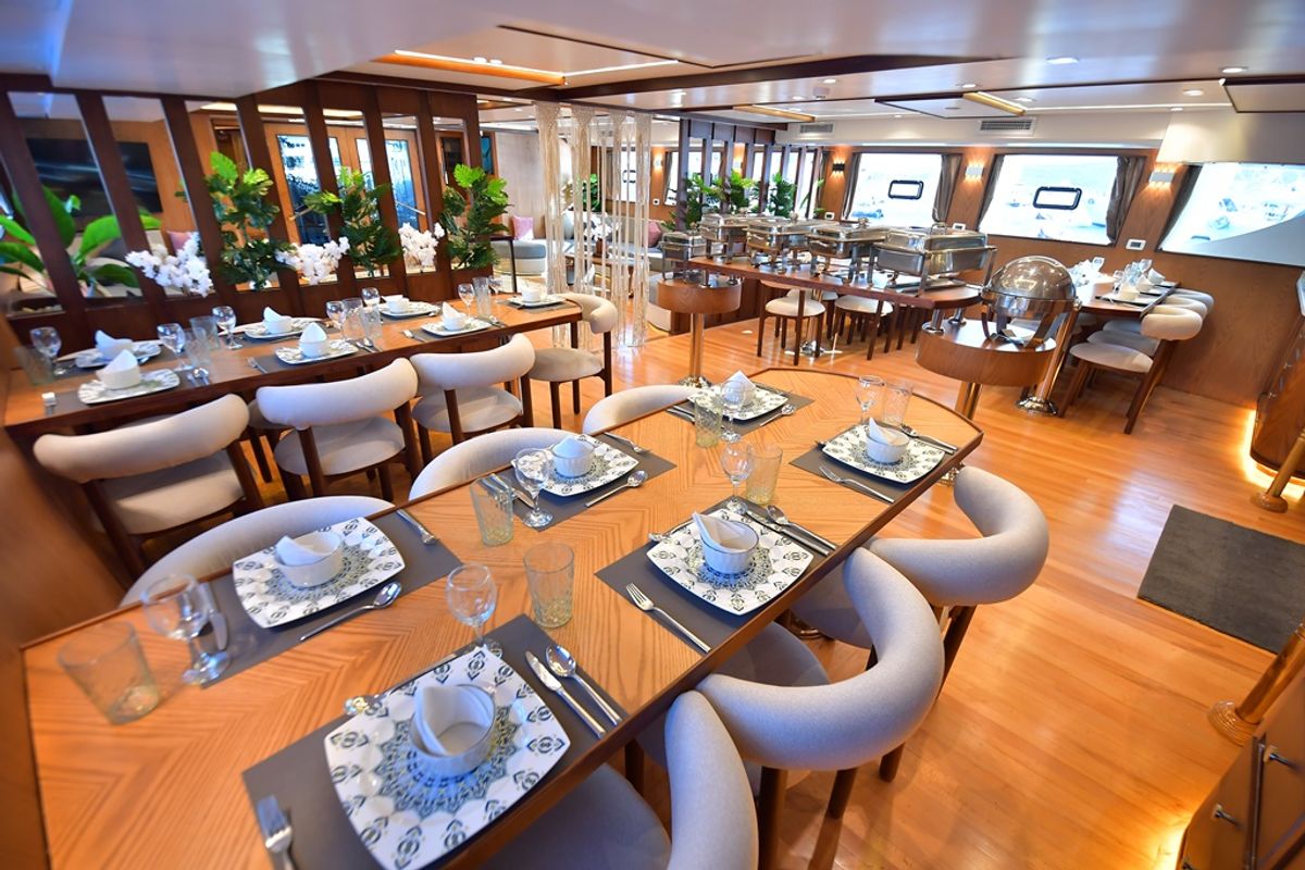 Salon of Twin bed cabin lower deck 2, a Gulet Luxury Motor Yacht motorboat at Sharm El Sheikh, Egypt
