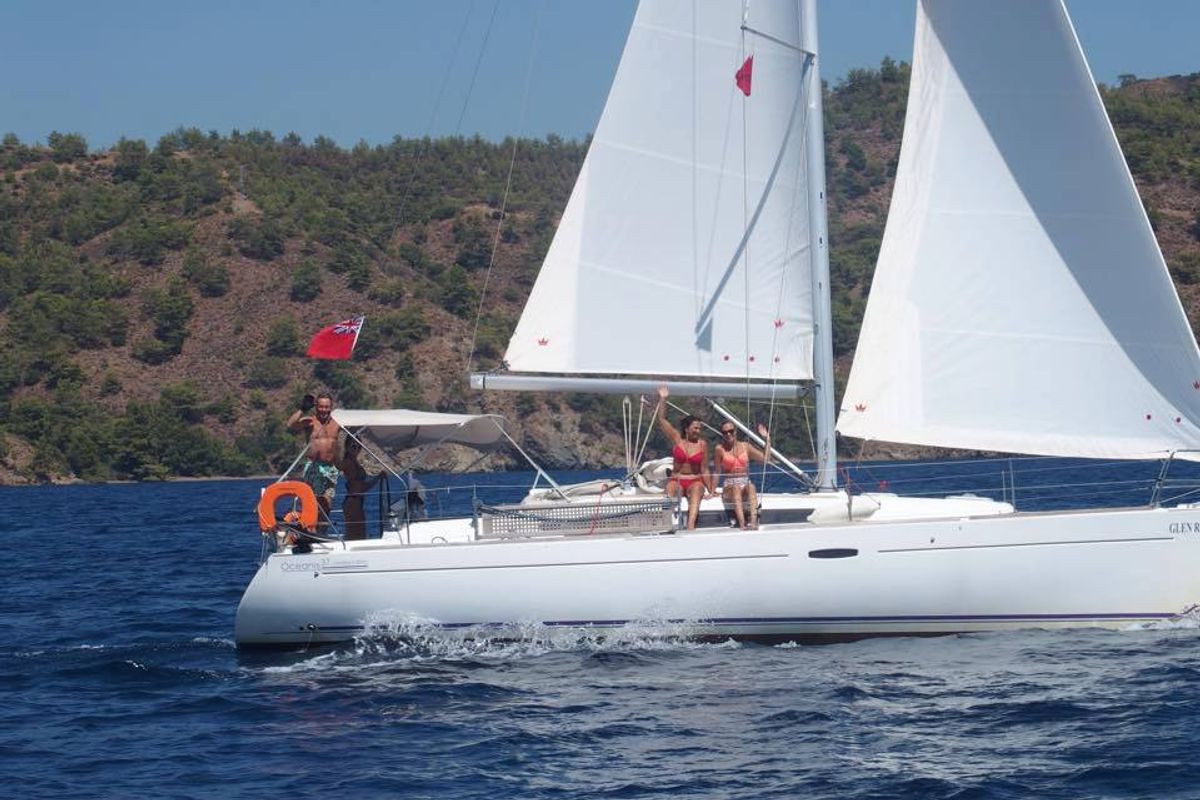 Exterior view of Glen Rosa, a Beneteau Oceanis 37 sailboat at Fethiye, Turkey