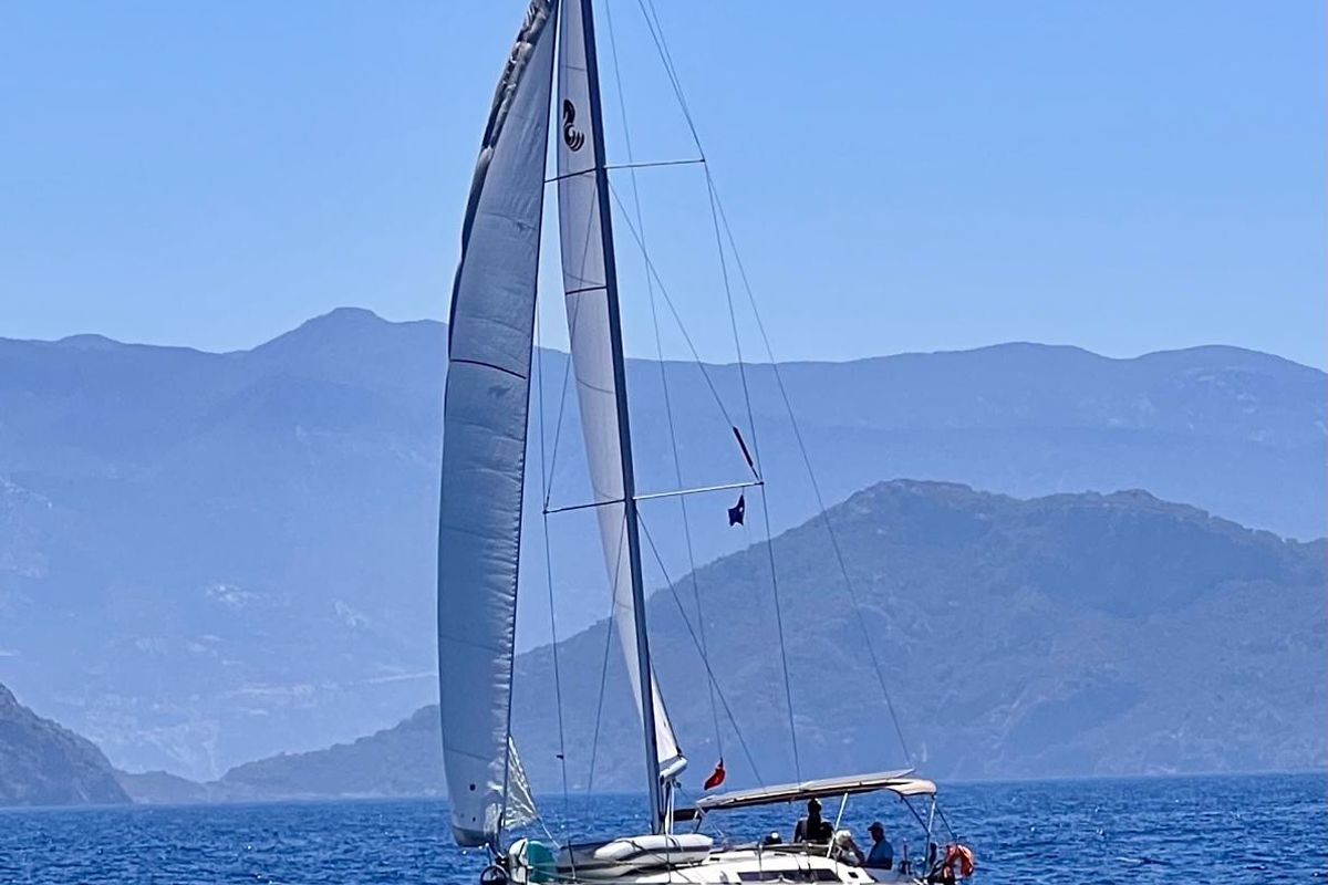 Exterior view of Glen Rosa, a Beneteau Oceanis 37 sailboat at Fethiye, Turkey