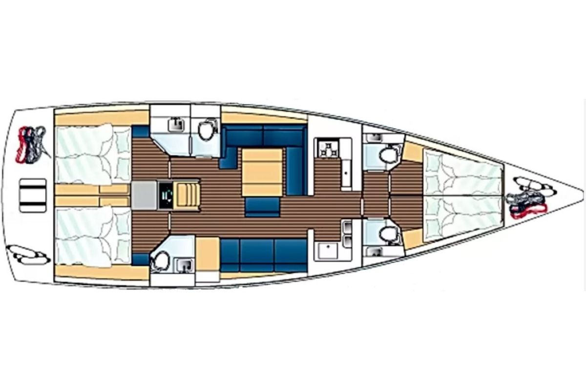 Floor plan of Kosi, a Dufour 500 Grand Large sailboat at San Vincenzo, Italy
