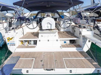 Cockpit of Kosi, a Dufour 500 Grand Large sailboat at San Vincenzo, Italy