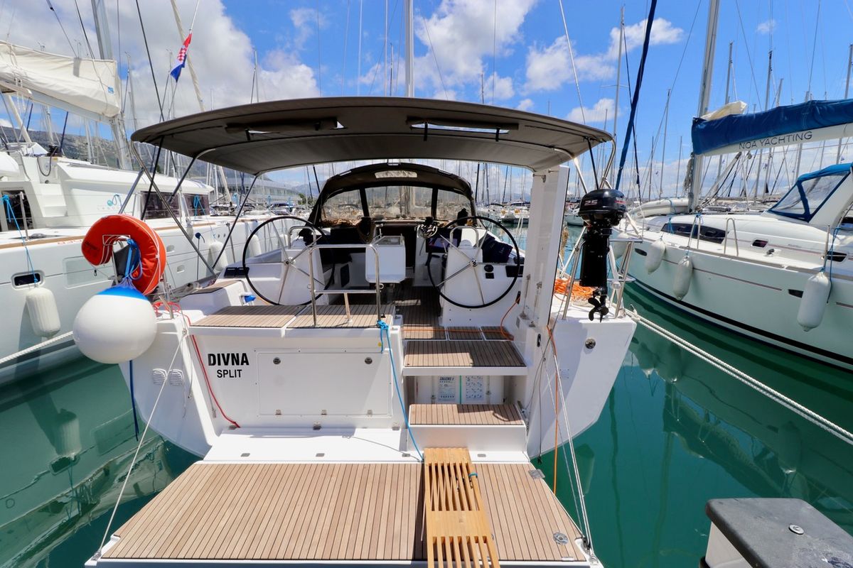 Deck of Divna, a Dufour 460 GL sailboat at Grad Kaštela, Croatia