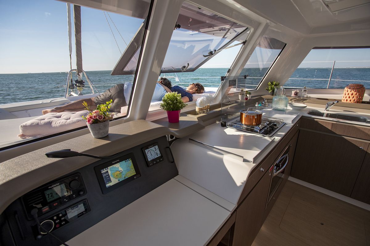 Cockpit of Warm Breeze, a Bali Catspace OW catamaran at Grad Šibenik, Croatia