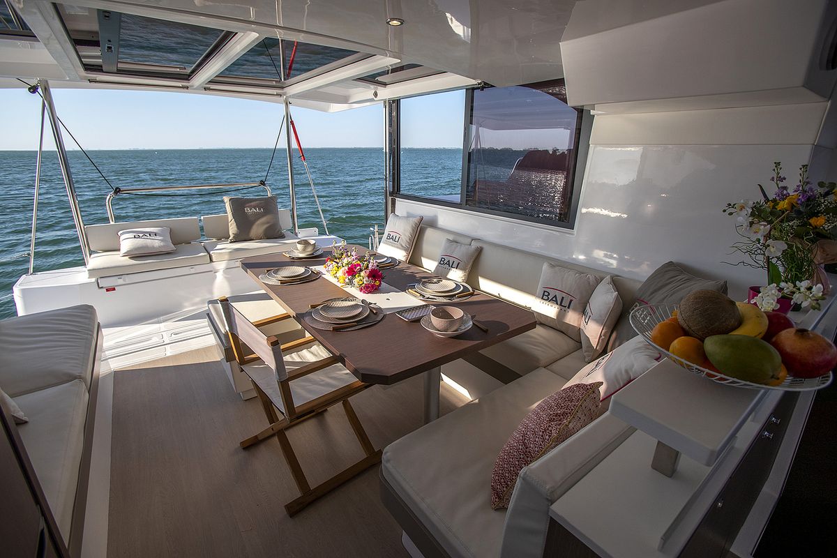 Salon of Warm Breeze, a Bali Catspace OW catamaran at Grad Šibenik, Croatia