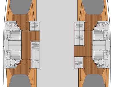 Floor plan of Harley Quinn, a Fountaine Pajot Astrea 42 catamaran at Tonnarella, Italy
