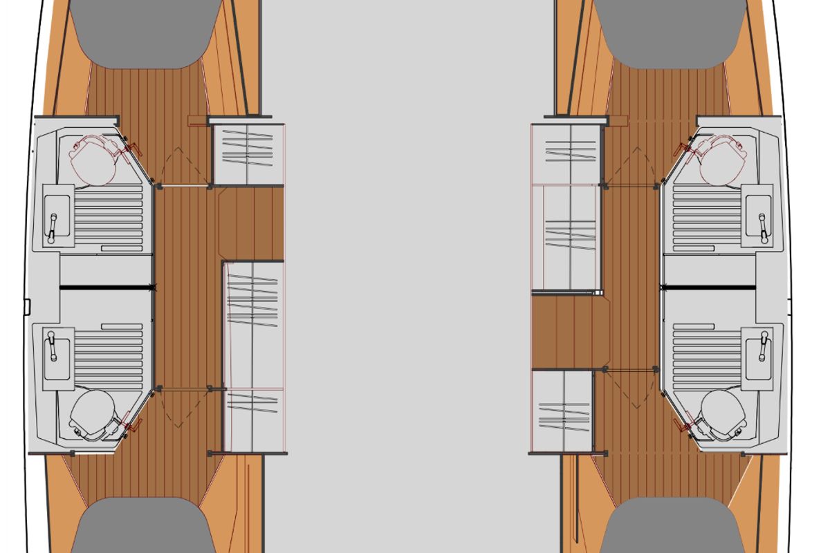 Floor plan of Harley Quinn, a Fountaine Pajot Astrea 42 catamaran at Tonnarella, Italy