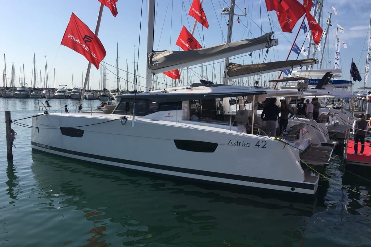 Exterior view of Harley Quinn, a Fountaine Pajot Astrea 42 catamaran at Tonnarella, Italy