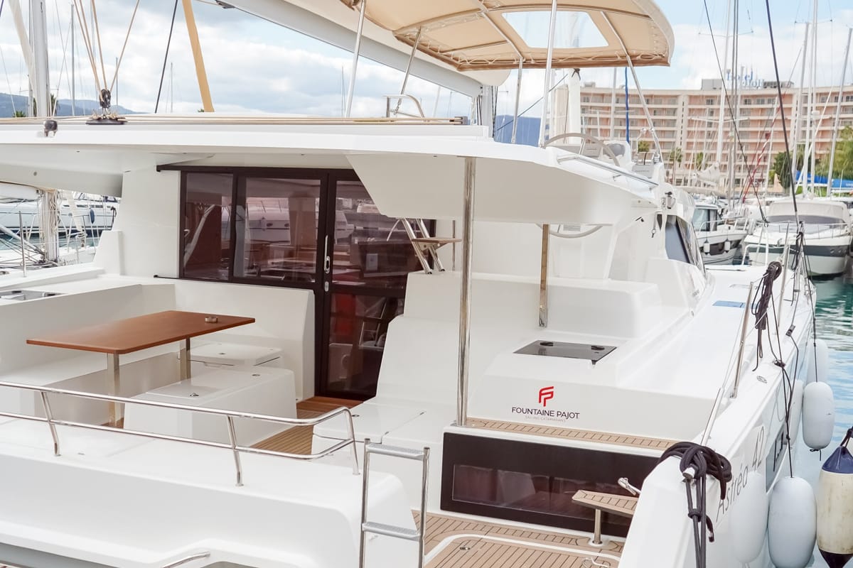 Deck of Harley Quinn, a Fountaine Pajot Astrea 42 catamaran at Tonnarella, Italy