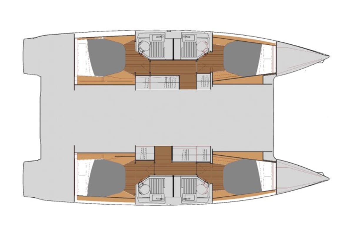Floor plan of Harley Quinn, a Fountaine Pajot Astrea 42 catamaran at Tonnarella, Italy