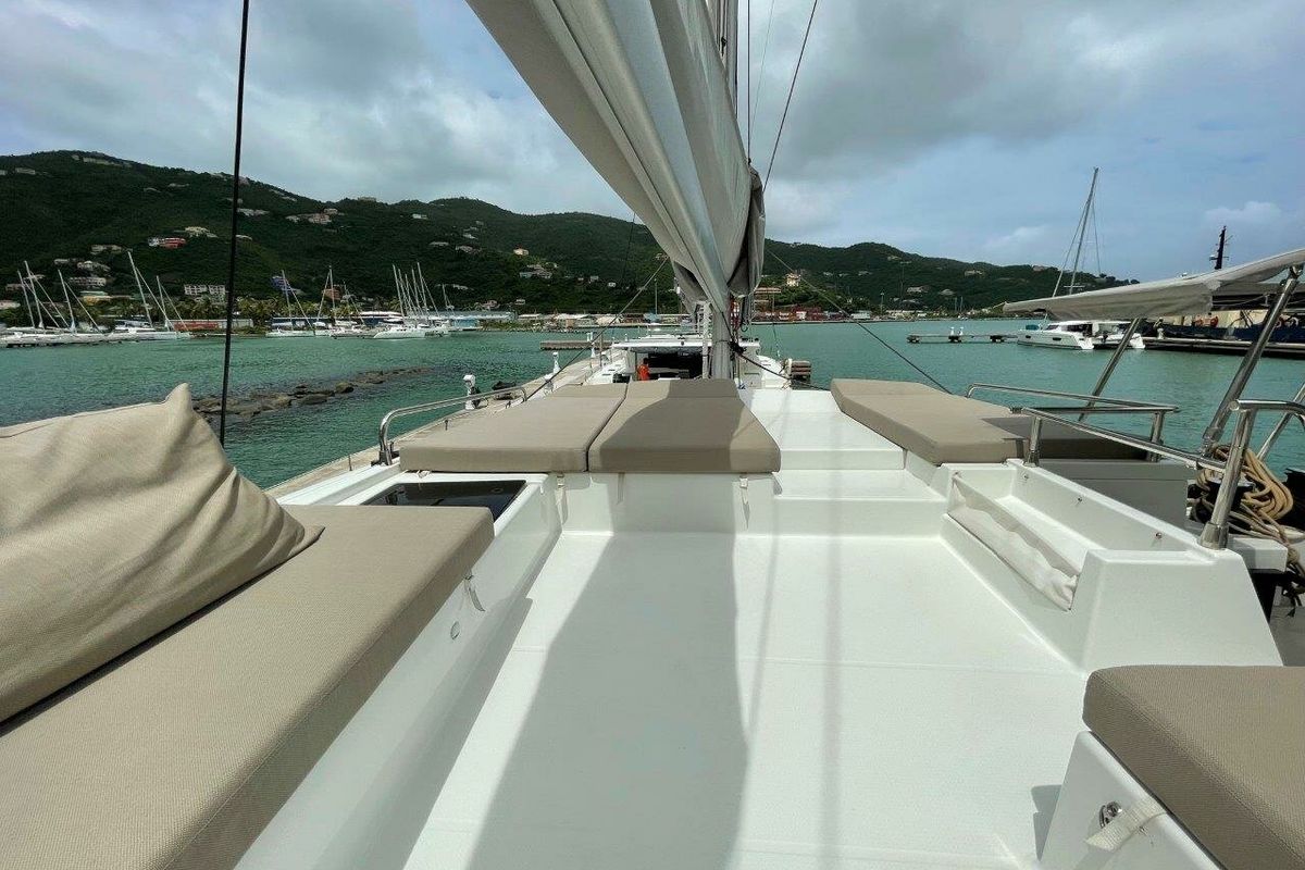 Deck of Singing Winds, a Fountaine Pajot Saba 50 catamaran at Road Town, British Virgin Islands
