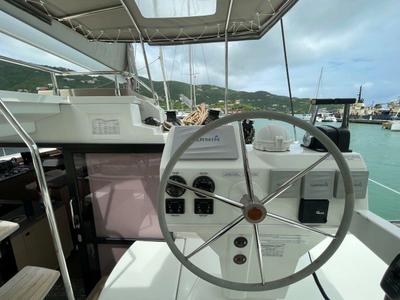 Cockpit of Singing Winds, a Fountaine Pajot Saba 50 catamaran at Road Town, British Virgin Islands