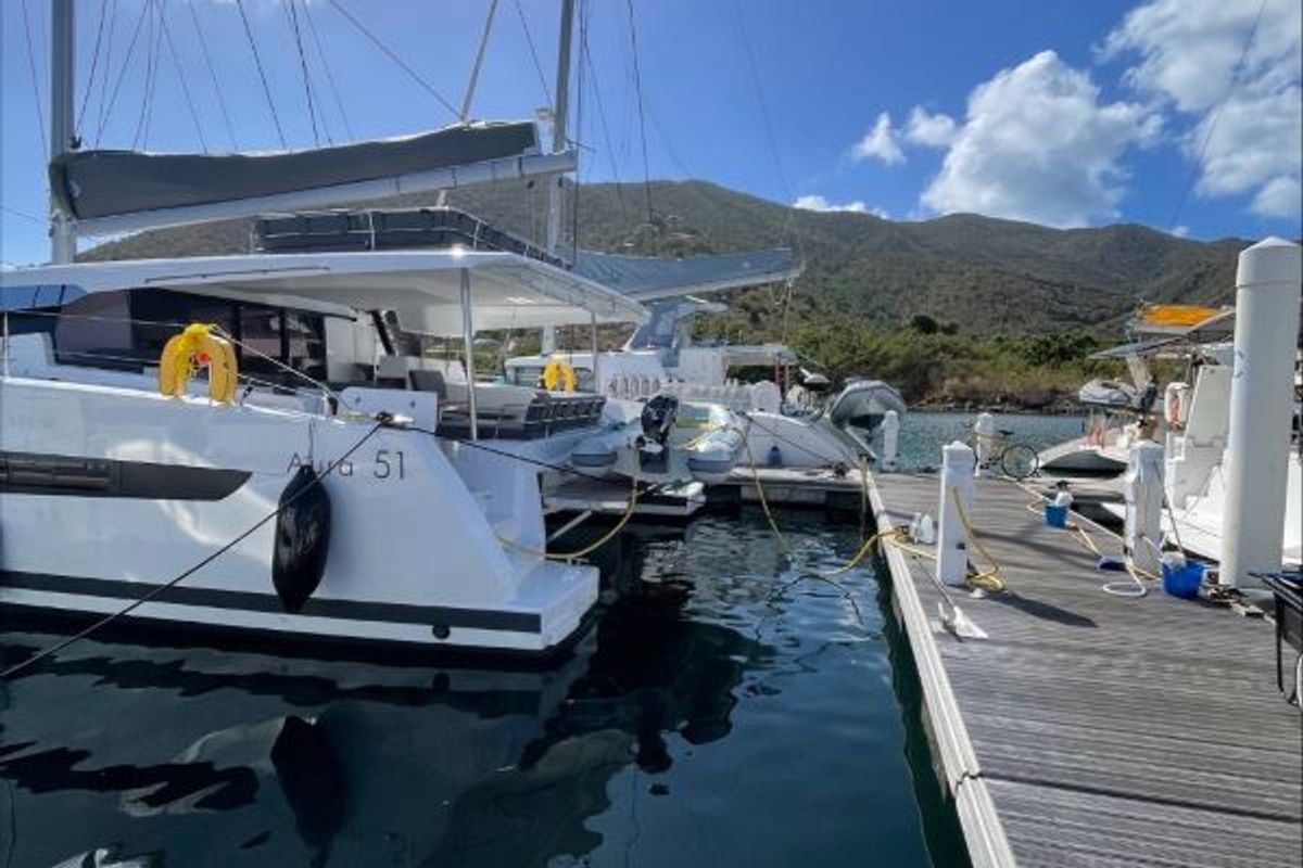Exterior view of Carrie Lee, a Fountaine Pajot Aura 51 catamaran at Road Town, British Virgin Islands