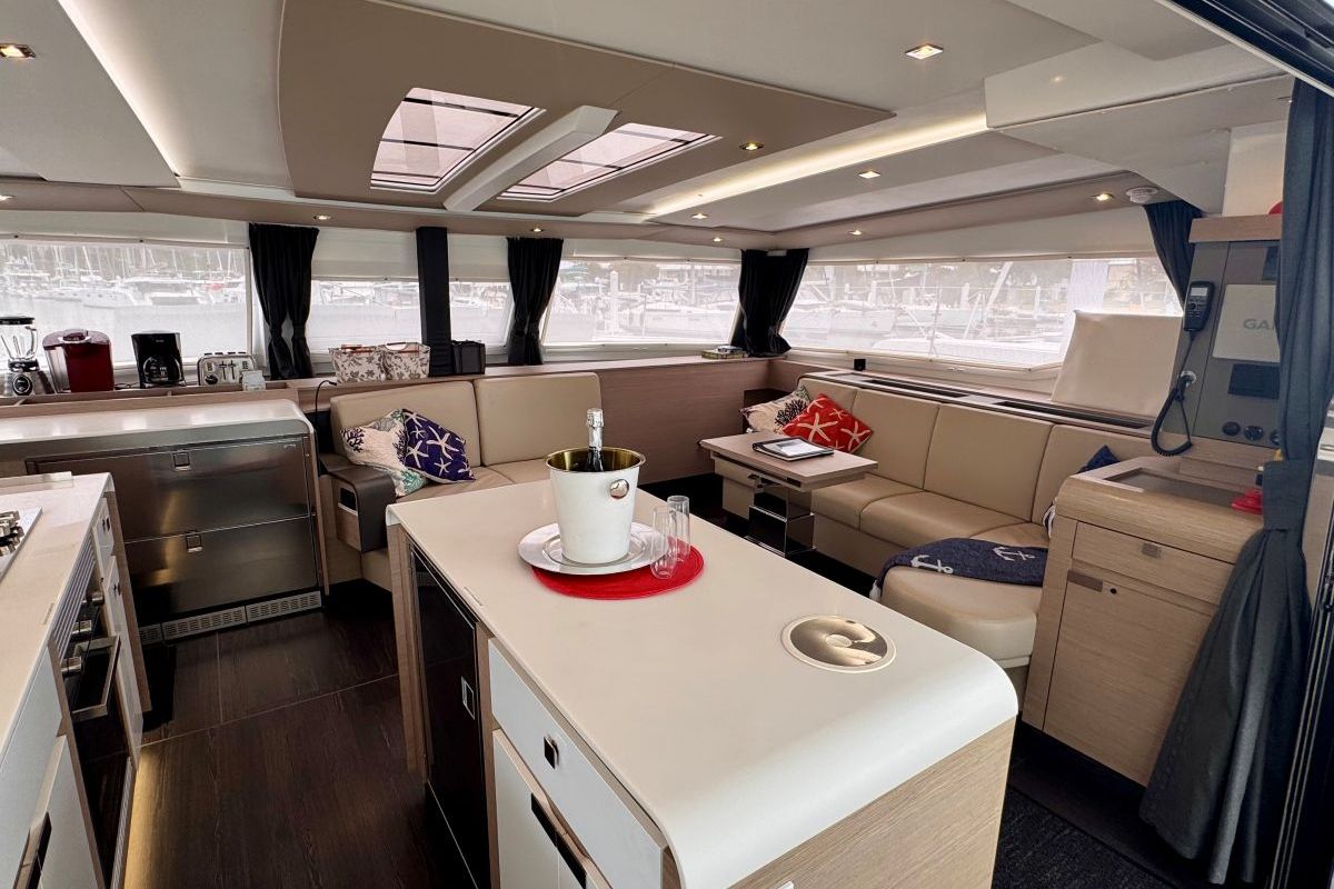 Salon of Carrie Lee, a Fountaine Pajot Aura 51 catamaran at Road Town, British Virgin Islands