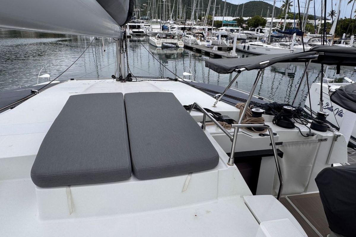 Deck of Carrie Lee, a Fountaine Pajot Aura 51 catamaran at Road Town, British Virgin Islands