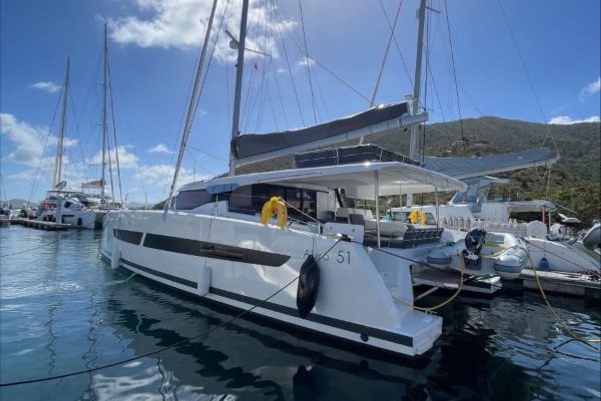 Exterior view of Carrie Lee, a Fountaine Pajot Aura 51 catamaran at Road Town, British Virgin Islands