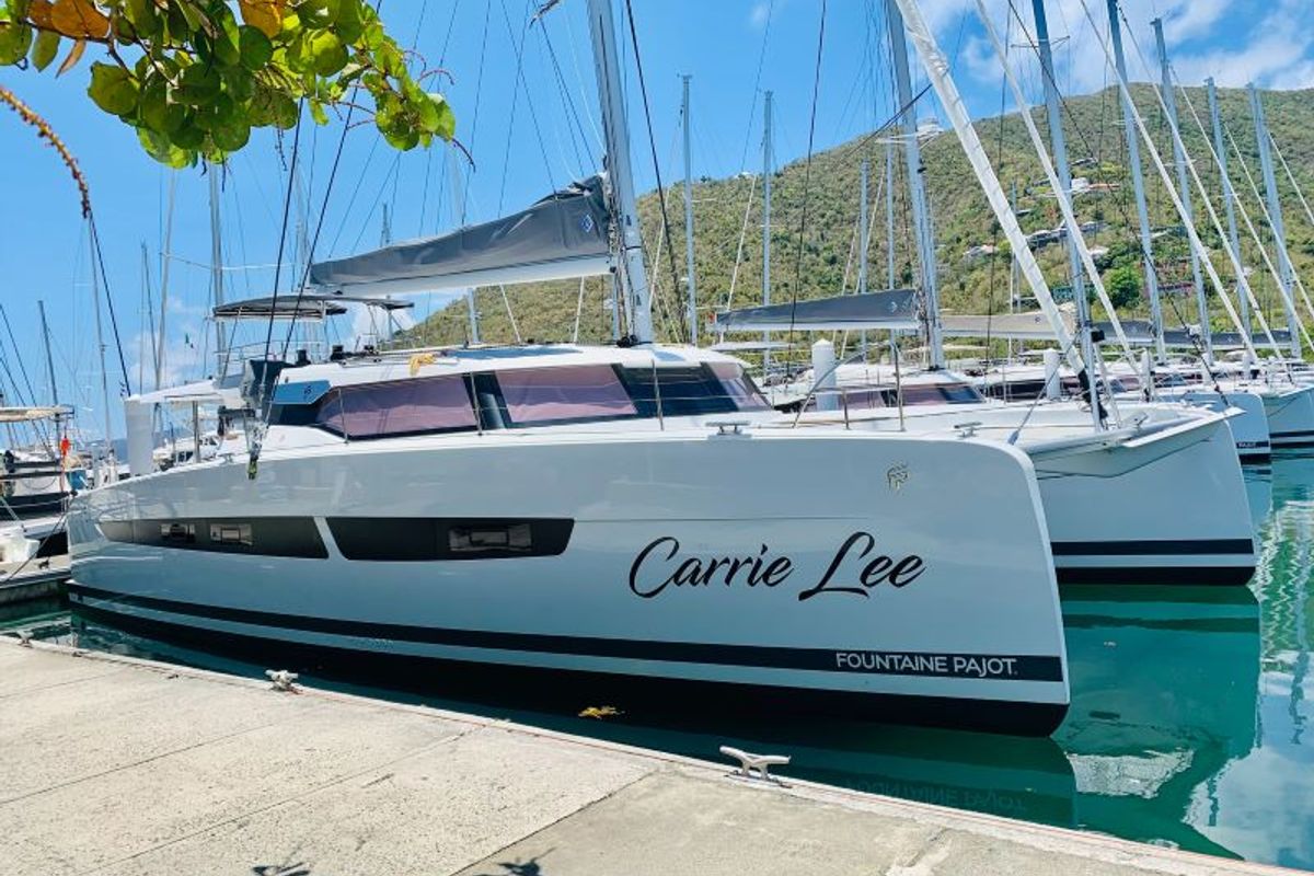 Exterior view of Carrie Lee, a Fountaine Pajot Aura 51 catamaran at Road Town, British Virgin Islands