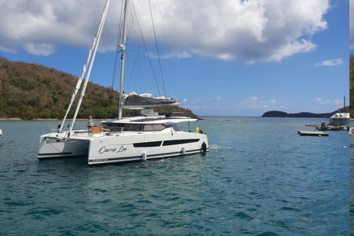 Exterior view of Carrie Lee, a Fountaine Pajot Aura 51 catamaran at Road Town, British Virgin Islands