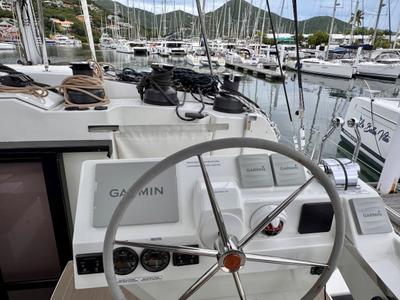 Cockpit of Carrie Lee, a Fountaine Pajot Aura 51 catamaran at Road Town, British Virgin Islands