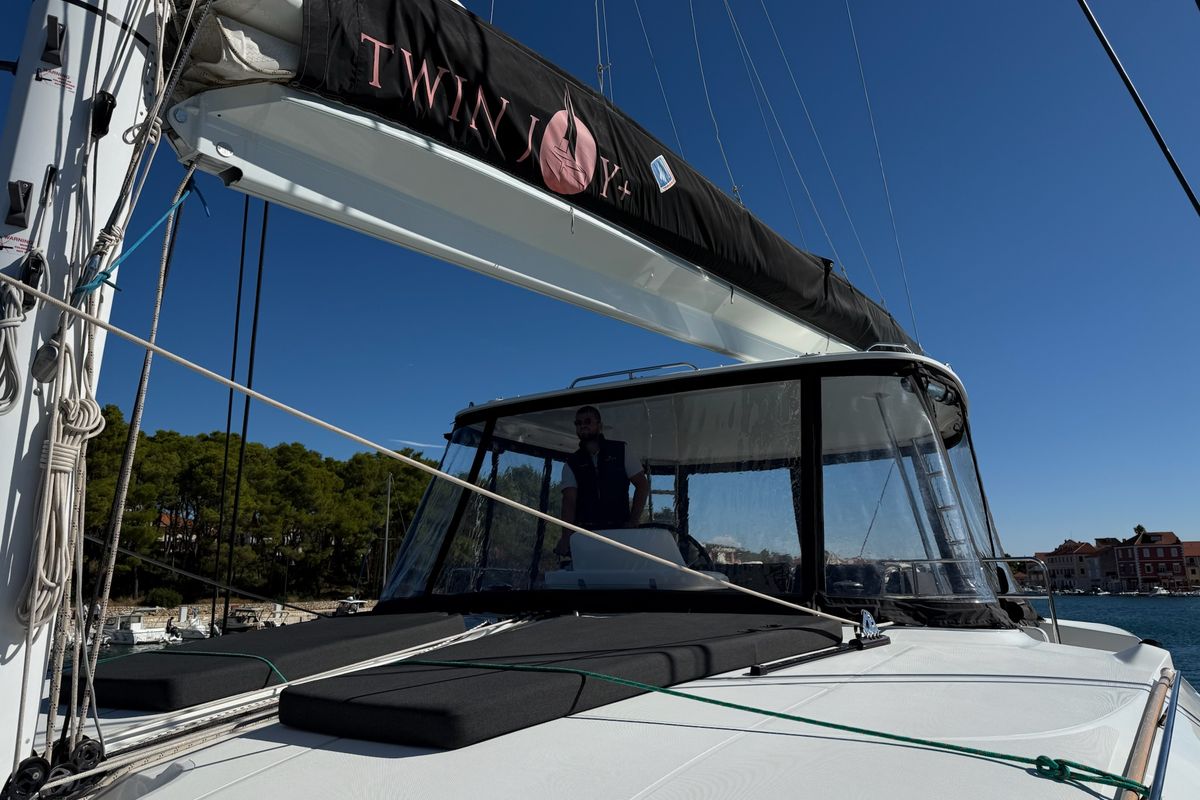 Cockpit of Twin Joy +, a Lagoon 51 catamaran at Grad Trogir, Croatia