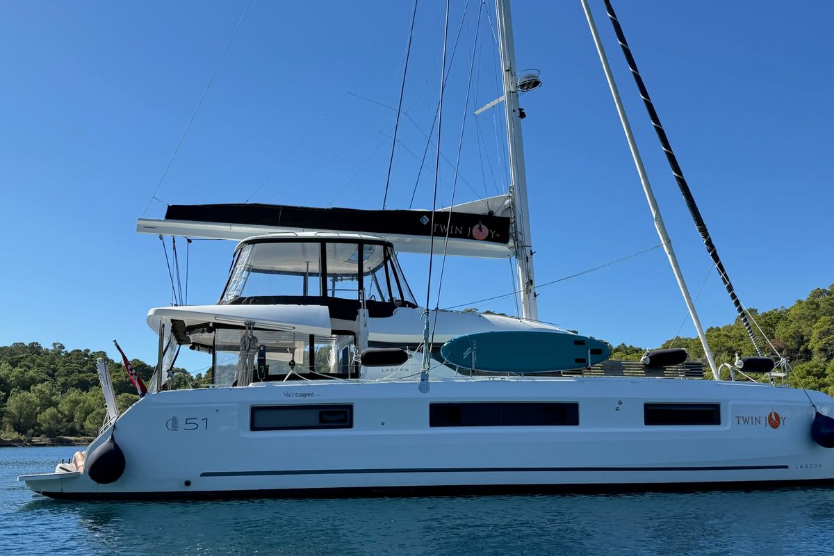 Exterior view of Twin Joy +, a Lagoon 51 catamaran at Grad Trogir, Croatia
