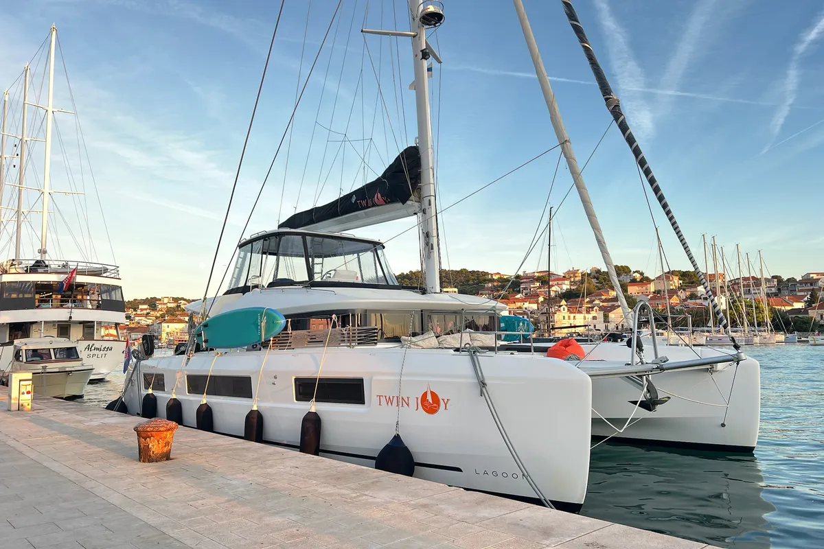 Exterior view of Twin Joy +, a Lagoon 51 catamaran at Grad Trogir, Croatia