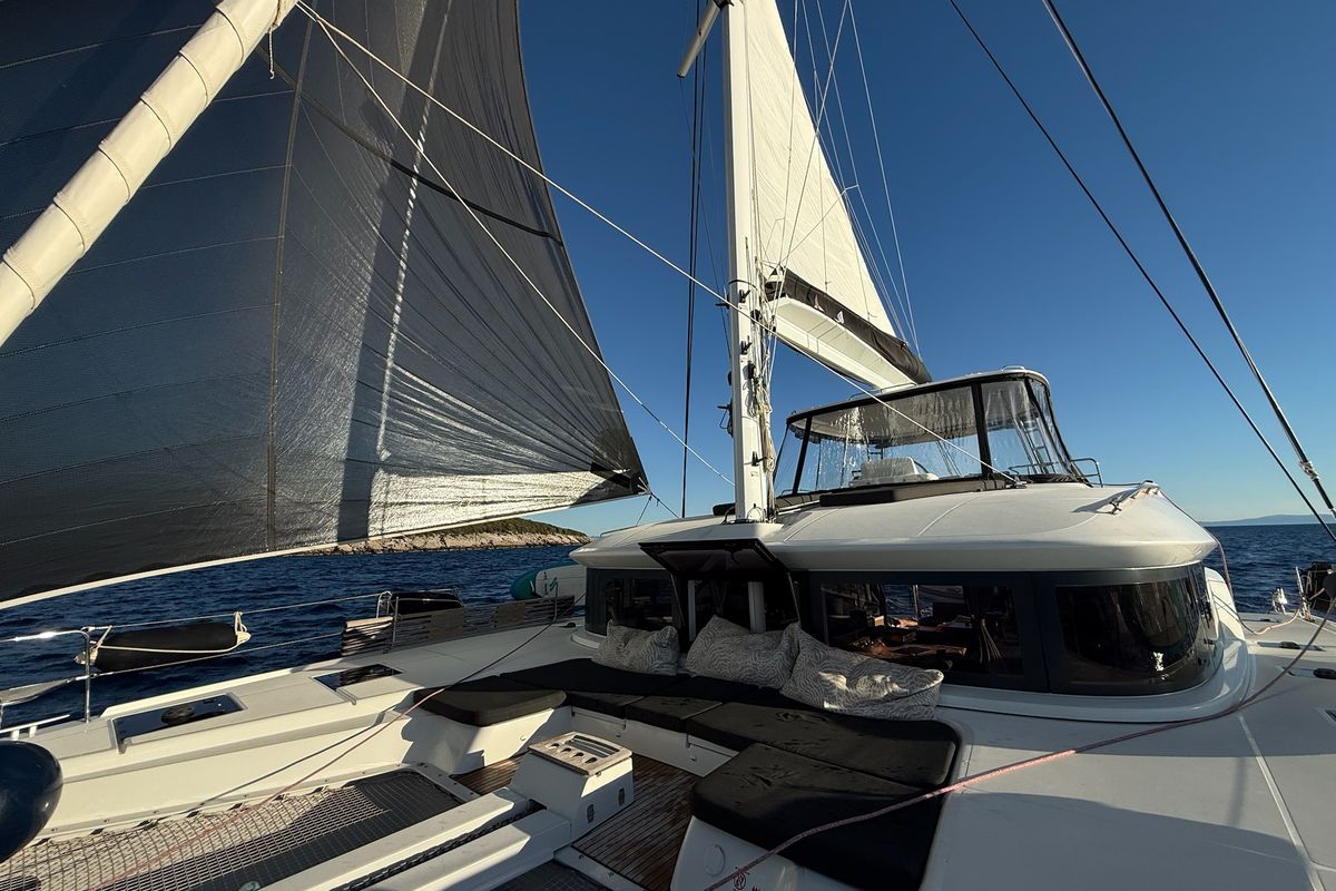 Deck of Twin Joy +, a Lagoon 51 catamaran at Grad Trogir, Croatia
