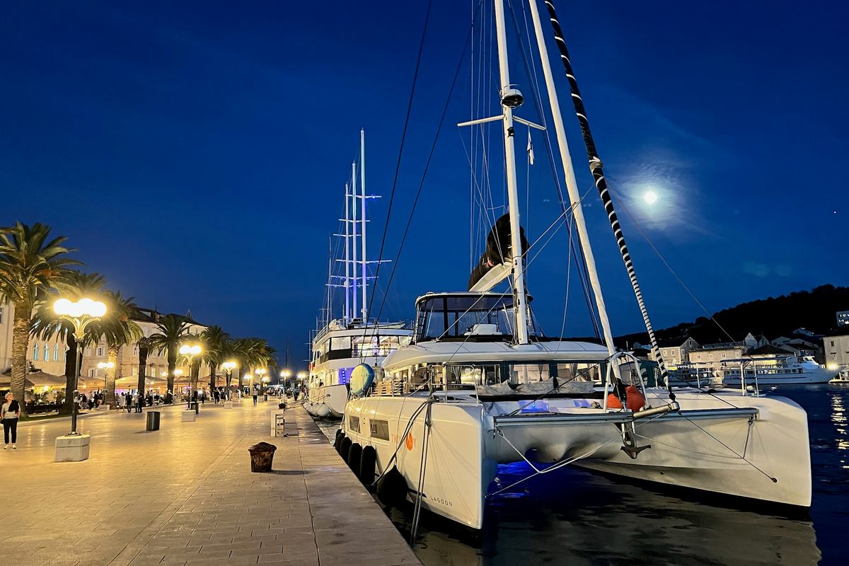 Exterior view of Twin Joy +, a Lagoon 51 catamaran at Grad Trogir, Croatia