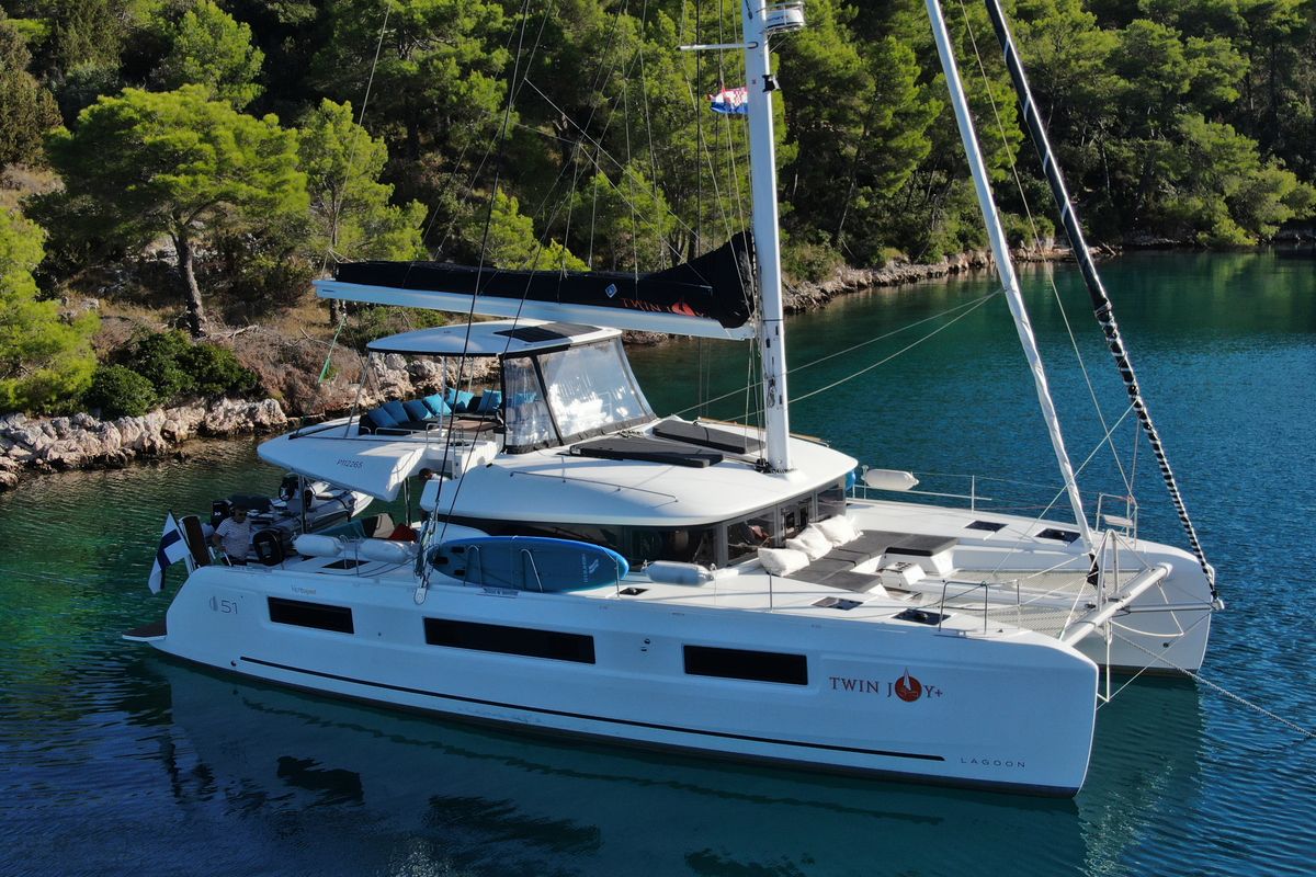 Exterior view of Twin Joy +, a Lagoon 51 catamaran at Grad Trogir, Croatia