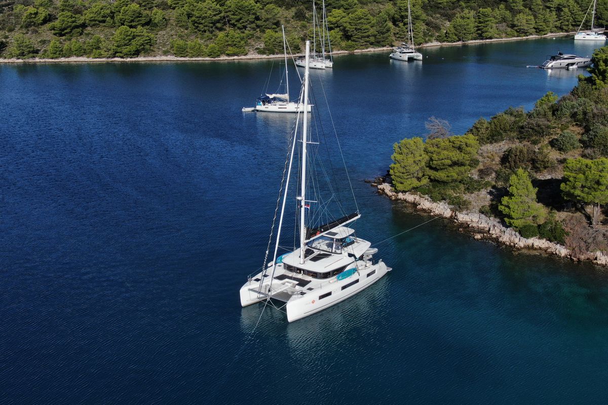 Exterior view of Twin Joy +, a Lagoon 51 catamaran at Grad Trogir, Croatia