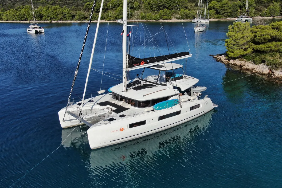 Exterior view of Twin Joy +, a Lagoon 51 catamaran at Grad Trogir, Croatia